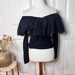 Endless Rose Knit Puffy‎ Chiffon Top Sz S Goth Holiday Ruffle Chic Black Witch